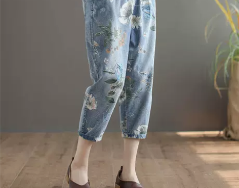 时尚印花牛仔裤女2021夏季新款文艺复古宽...