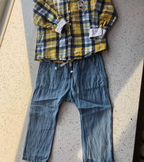 （2岁夏装）男幼童黄蓝格衬衣刺绣小熊+hm...