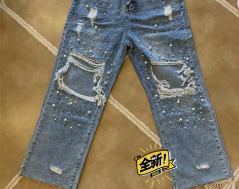 重工破洞牛仔裤珍珠订珠直筒宽松夏季牛仔裤 ...