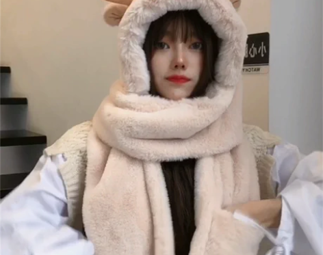 帽子女秋冬季围巾一体可爱韩版潮雷锋帽冬手套...