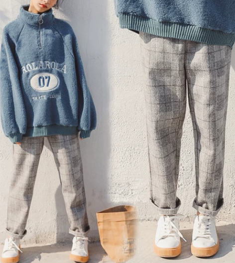 加绒加厚格子直筒阔腿裤秋冬新款韩版宽松百搭...