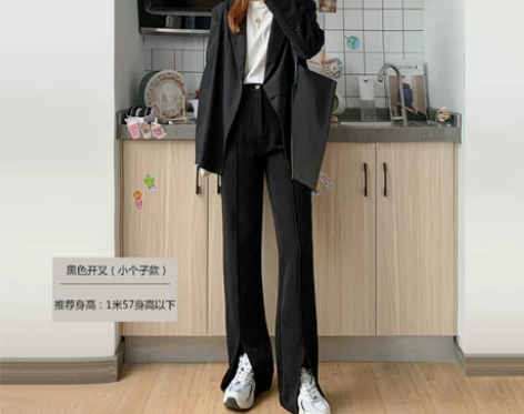 黑色前开叉直筒西装裤女春秋新款高腰显瘦长裤...