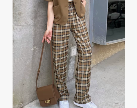 复古格子裤女夏季薄款休闲直筒西装阔腿裤女高...