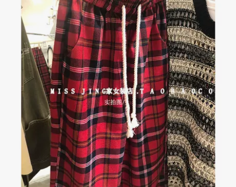 复古红色格子裤女直筒裤阔腿裤休闲裤子女20...