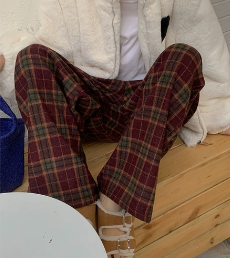 红色格子裤复古日系阔腿裤女春秋高腰垂感休闲...
