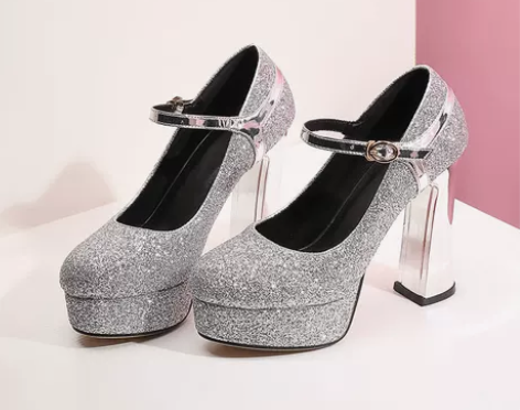 亮片粗跟单鞋女防水台晚礼服高跟鞋女舞台演出...