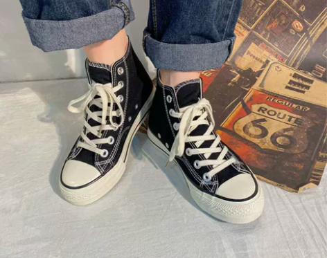 系带黑色高帮帆布鞋女经典款学生休闲百搭女士...