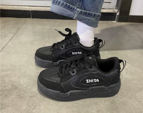 原创日系黑色板鞋女厚底百搭ins潮老爹鞋德...