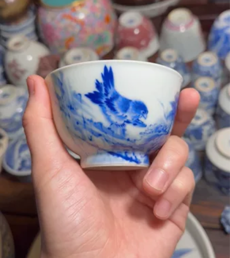 游玉堂 仿王步青花三雀花鸟鸡心杯 不是双雀...