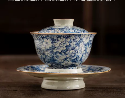 锦簇青花——老陶泥三才圆满盖碗 器表开片，...