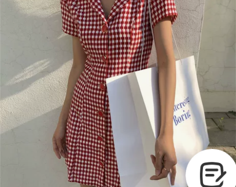 V领小清新中长款短袖格子A字裙 全新，质感...