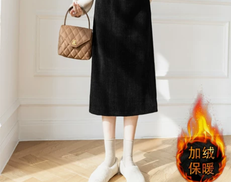 中长款灯芯绒半身裙女秋冬天配毛衣高腰开叉a...