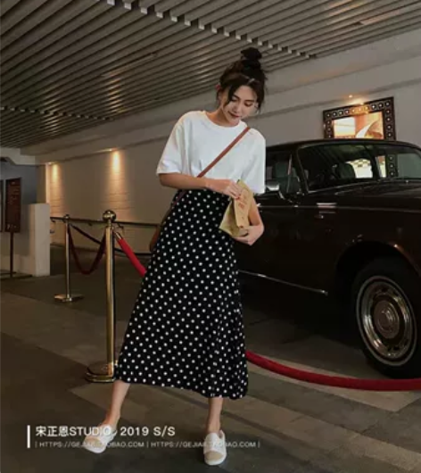 高腰波点裙半身裙女中长款夏季2019新款韩...