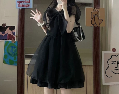 黑色网纱蓬蓬裙连衣裙女夏季小个子小众设计别...