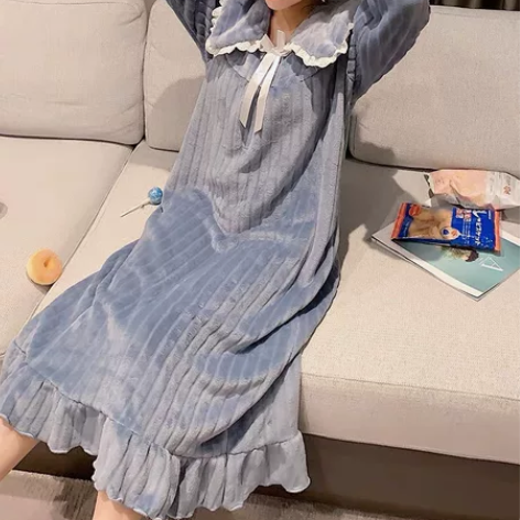 公主风睡衣女秋冬季加厚法兰绒娃娃领网红睡裙...