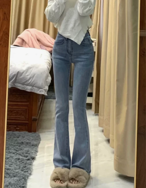 高腰牛仔裤 高腰牛仔裤九分裤微喇叭女202...