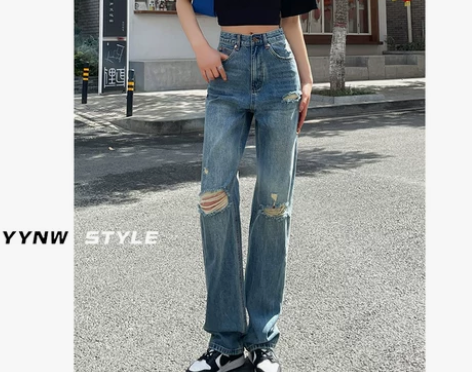 破洞牛仔裤女高腰阔腿宽松春夏2022年新款...