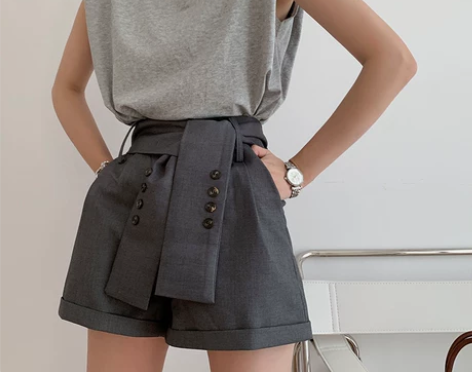 飒纳 休闲裤飒纳2021新款灰色西装短裤女...