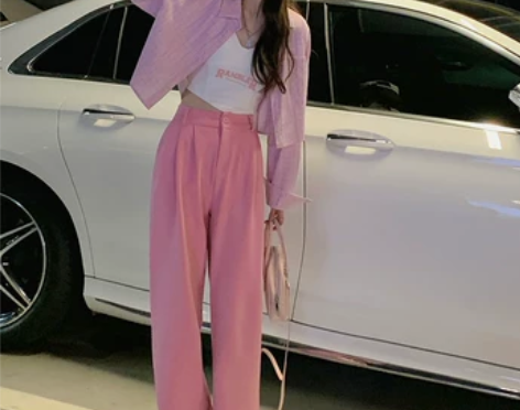 杨泡泡 粉色直筒高腰休闲裤女新款宽松韩版百...