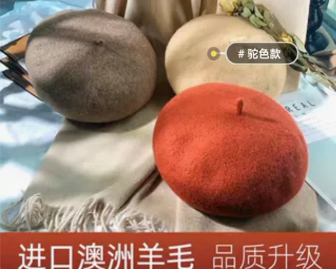 贝雷帽女秋冬韩版日系百搭南瓜帽，纯羊毛呢英...