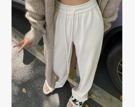 白色窄版阔腿裤女秋冬季加绒加厚高腰垂感针织...
