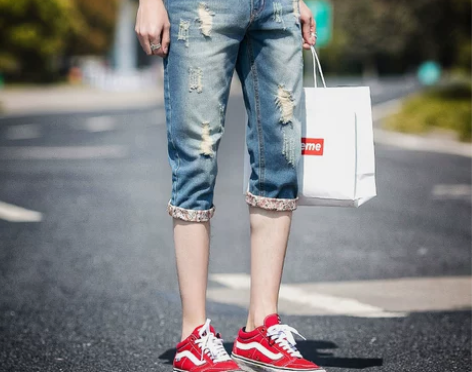 夏季薄款七分牛仔裤男破洞男士7分裤青少年韩...