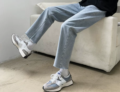 毛边浅色牛仔裤男士秋季潮流韩版九分直筒裤修...