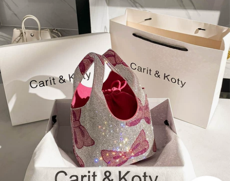 水钻包包2021新款潮蝴蝶结菜篮子水桶包闪...