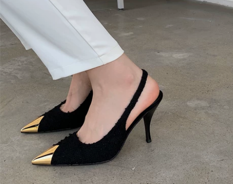 朴彩英同款黑色高跟鞋女细跟性感气质金属尖头...