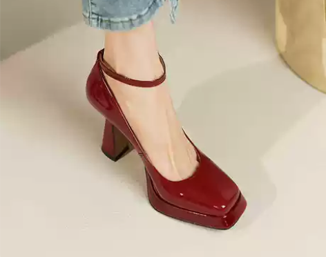 红色高跟鞋女真皮粗跟浅口单鞋防水台结婚一字...