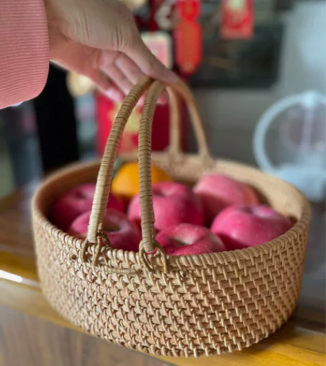 手工藤编野餐篮折叠手提篮子编织收纳筐水果篮...