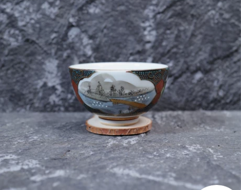 日本回流 大正时期老九谷烧白釉彩绘山水画茶...