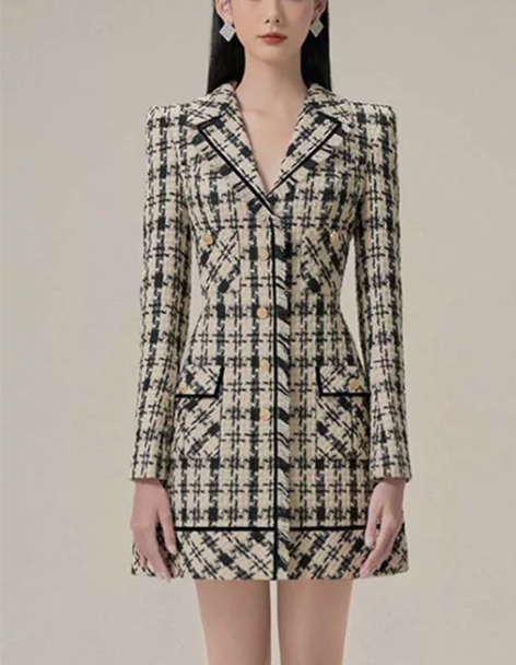 连衣裙千鸟格小香风秋冬越南设计师高级感毛呢...