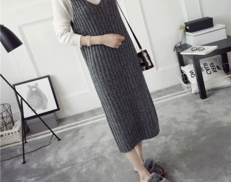 秋冬中长款毛衣裙女宽松韩版女装背心裙吊带背...