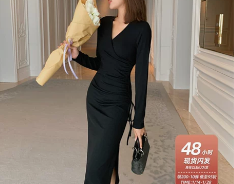 岛歌夫人 黑色包臀裙短袖连衣裙收腰显瘦修身...