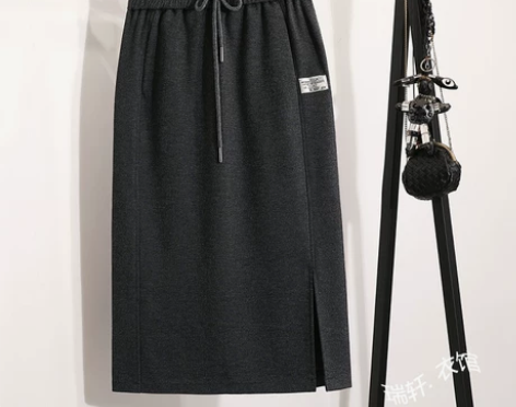 中长款弹力半身裙女2021秋季新款高腰灰色...