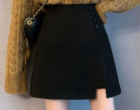 小个子黑色毛呢半身裙高腰a字显瘦包臀一步裙...