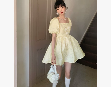 乌龙羊/法式方领蓬蓬裙连衣裙女夏公主裙提花...