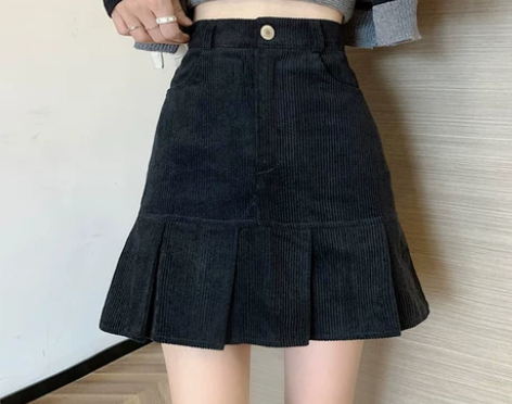 黑色灯芯绒半身裙百褶裙女春秋季高腰鱼尾裙设...