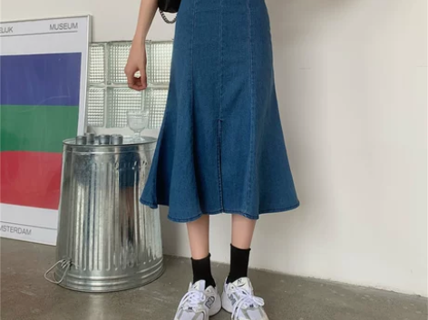 夏季新款高腰韩版中长款牛仔半身裙大码女装显...