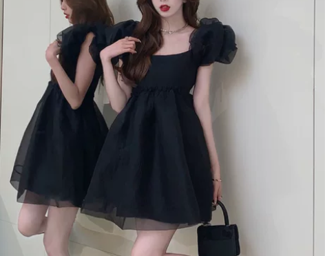 小黑裙公主风蓬蓬裙子夏季法式复古赫本风泡泡...