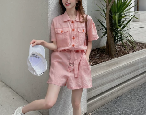 粉色连体裤夏女2022新款小个子套装工装薄...