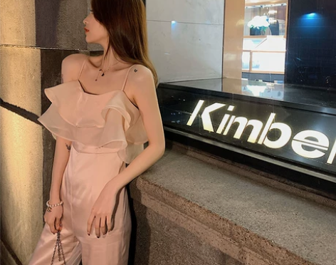 阿姐家定制夏季新款高腰性感露肩吊带喇叭连体...