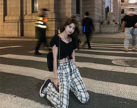 范智乔 黑白格子裤女夏季薄款高腰显瘦直筒裤...