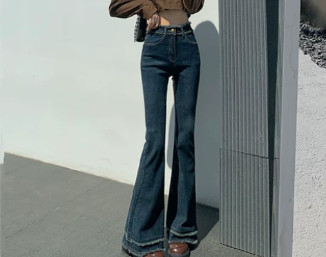 美式高街复古微喇叭牛仔裤女流苏毛边显瘦弹力...