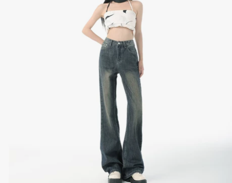 2022新款复古喇叭裤女秋高腰显瘦微喇牛仔...