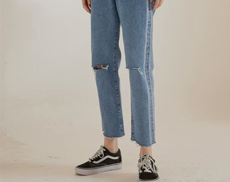 Fs夏季高腰宽松蓝色割破毛边破洞直筒牛仔裤...