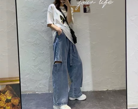 2021年新款破洞牛仔裤女夏季薄款宽松直筒...