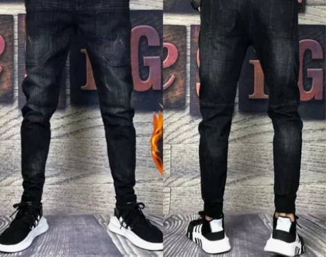 网红秋冬加绒黑色休闲牛仔裤男修身小脚裤百搭...