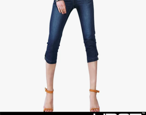 UDOT薄款中腰七分牛仔裤女 裤脚纽扣修身...